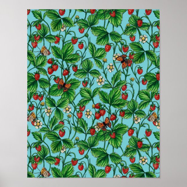Wilde Erdbeeren in Poolblau Poster (Vorne)