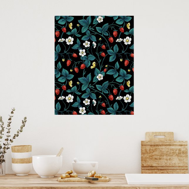 Wilde Erdbeeren rot/gelb/blau/schwarz Poster (Küche)