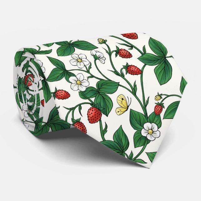 Wilde Erdbeeren rot/gelb/grün/weißlich Krawatte (Gerollt)