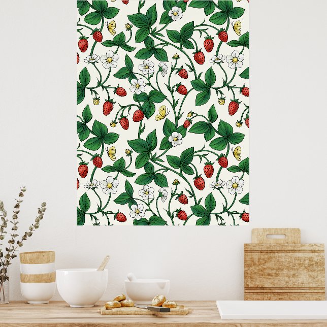 Wilde Erdbeeren rot/gelb/grün/weißlich Poster (Küche)