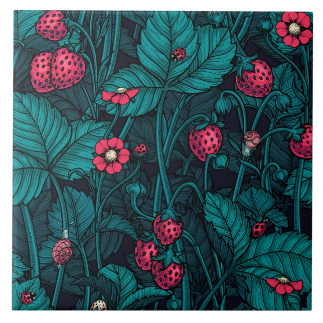 Wilde Erdbeeren, rot und blau Fliese (Vorderseite)