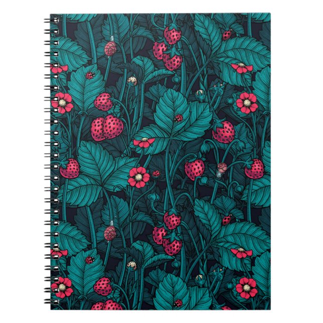 Wilde Erdbeeren, rotes und blaues Notebook Notizblock (Vorderseite)