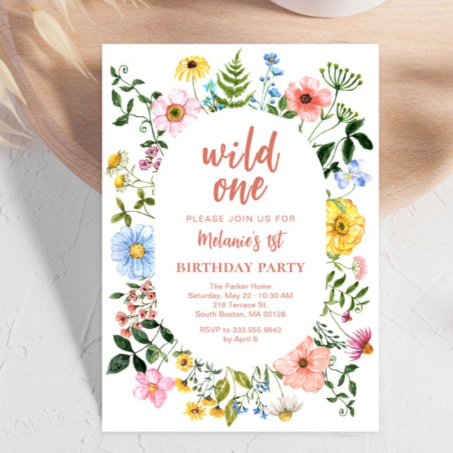 Wilde erste Geburtstagseinladung mit Wildblumen (First birthday floral card invitation with pretty pastel wildflowers)