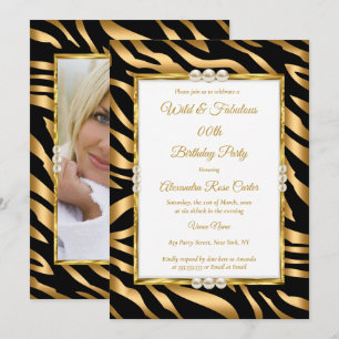 Wilde & fabelhafte Gold-Schwarz-Zebra-Foto-Geburts Einladung