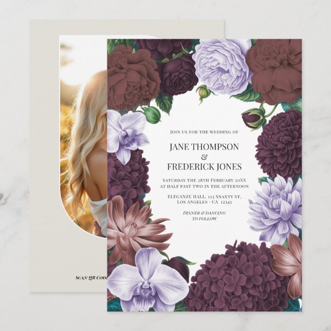 Wilde Feige, Kakao-Rose und sanfte Lavendel-Hochze Einladung (Vorne/Hinten)