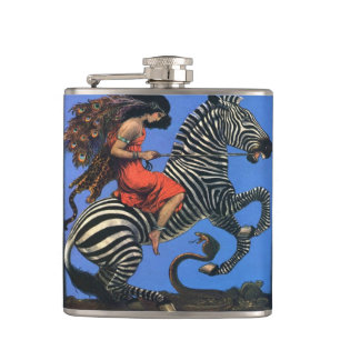 Wilde Frau reitet die Zebra-Flasche Flachmann