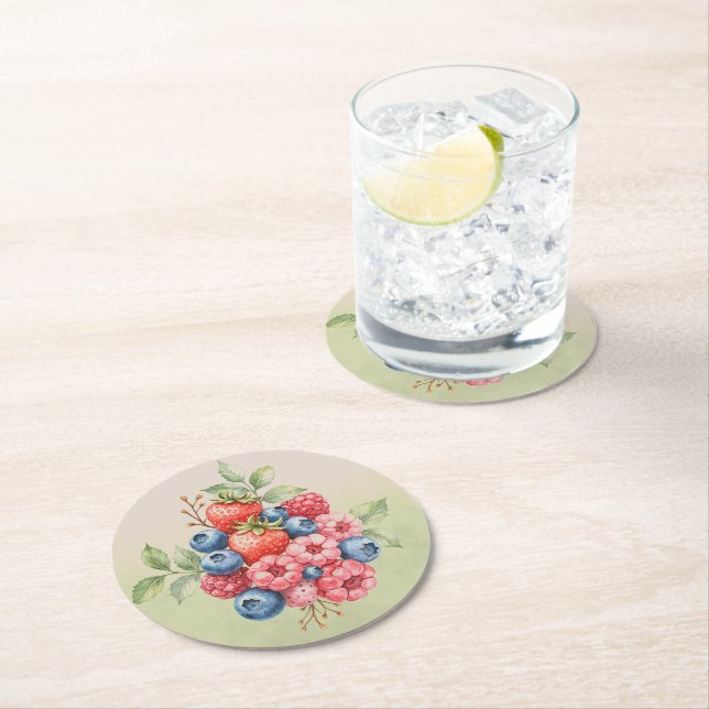 Wilde Früchte Erdbeere Blaubeere Himbeere Runder Pappuntersetzer (Vor Ort)