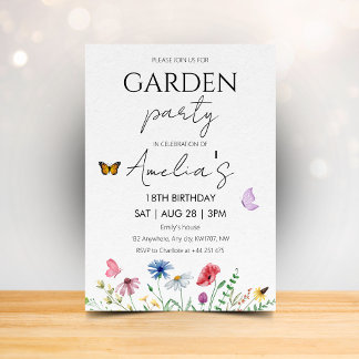 Wilde Geburtstags-Gartenparty mit rosa Schmetterli Einladung