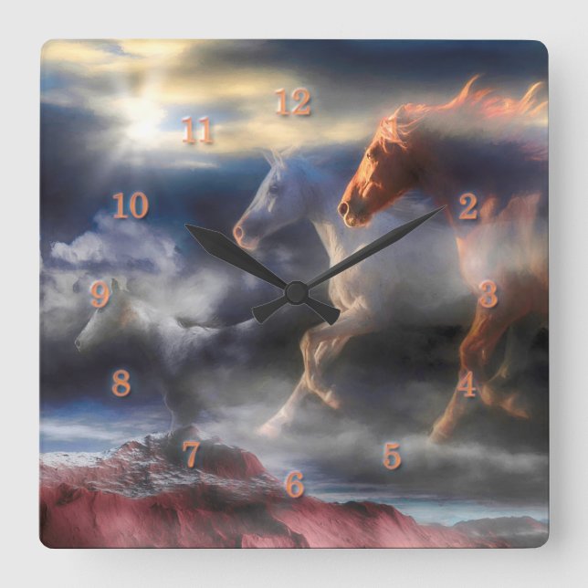 Wilde Geistpferde laufen bis MORGEN Mauer  Quadratische Wanduhr (Vorderseite)