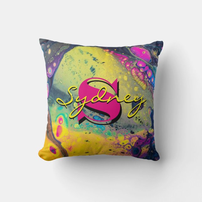 Wilde Gelb- und Schwarz-Akrylflüssigkeit Art Kissen (Vorderseite)