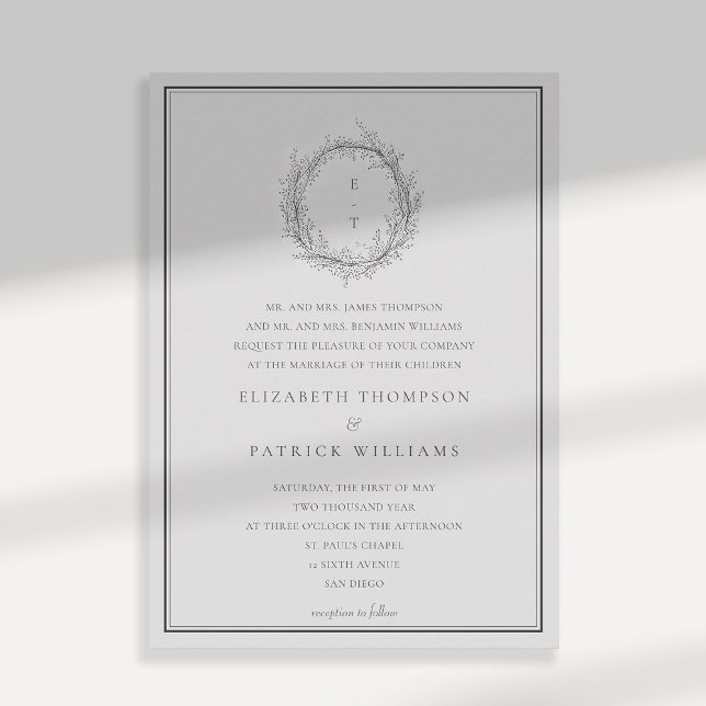 Wilde Grünpflanzen Wappen Feierliche Hochzeit Einladung (wildflowers wedding invitation black and white formal traditional botanical crest parents names)