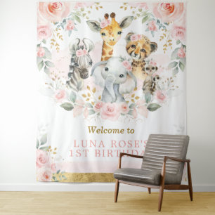Wilde Jungle Tiere Rosa Blumengeburt Willkommen Wandteppich