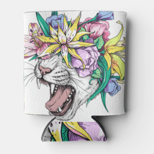 Wilde Katze, Blumenkranz, Cartoon. Dosenkühler