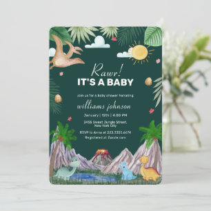 Wilde Kiefern-Grün-Rawr-Vulkan-Dinosaurier-Baby-Pa Einladung