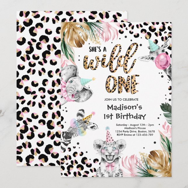 Wilde Leopard Print Safari Tiere zum Geburtstag Einladung (Vorne/Hinten)