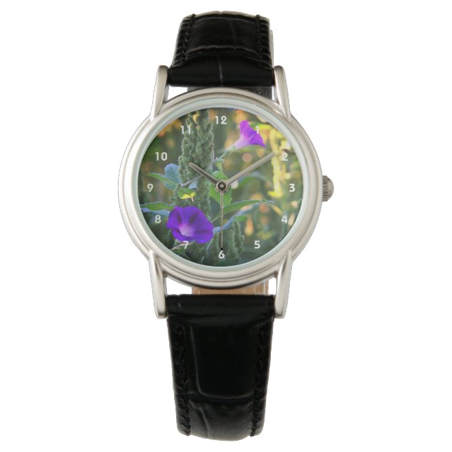 Wilde Lila Morning Glory Blume Armbanduhr (Vorderseite)