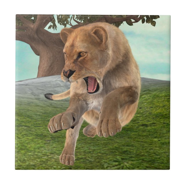 Wilde Löwin Dschungel-Abenteuer-Kunst Fliese (Vorderseite)
