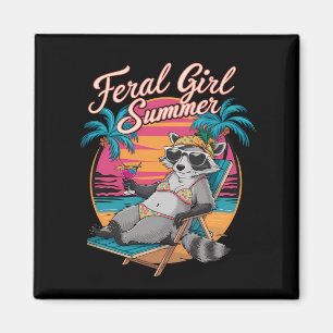 Wilde Mädchen Sommer Strand Lustiger Waschbär Magnet