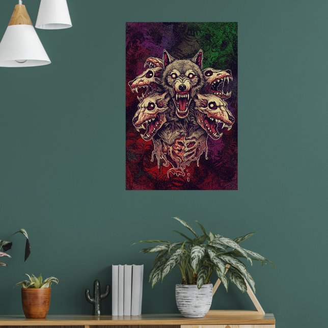 Wilde mehrköpfige Dämon-Wolf-Kunst Poster (Wohnzimmer 1)
