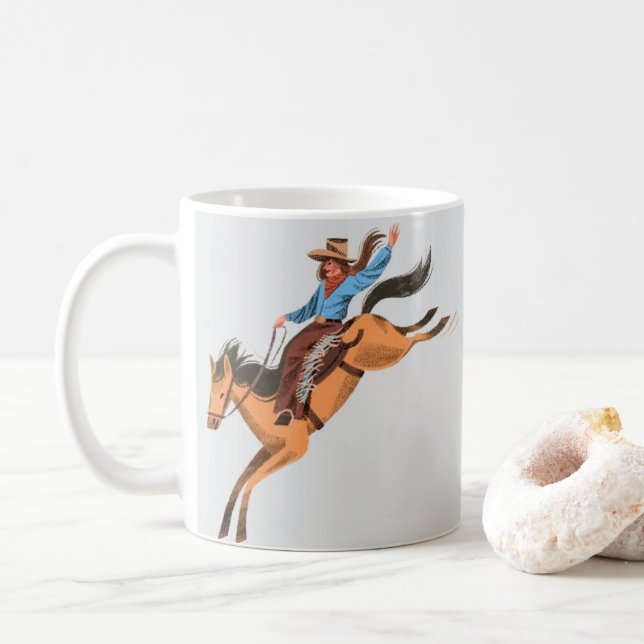 Wilde Morgenritte – Whimsical Cowboy-Kaffeetasse Kaffeetasse (Mit Donut)