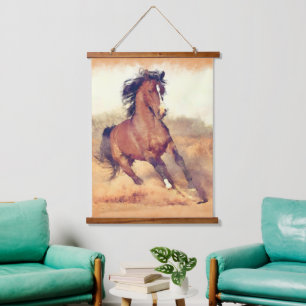 Wilde Mustang-Pferde stürmen Aquarell Wandteppich Mit Holzrahmen