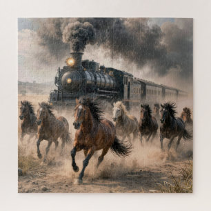 Wilde Mustangs laufen neben einem alten Zug Puzzle
