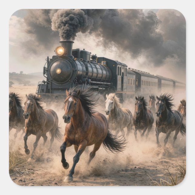 Wilde Mustangs laufen neben einem alten Zug Quadratischer Aufkleber (Vorderseite)