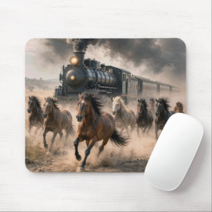 Wilde Mustangs laufen neben einem Vintage-Zug Mousepad