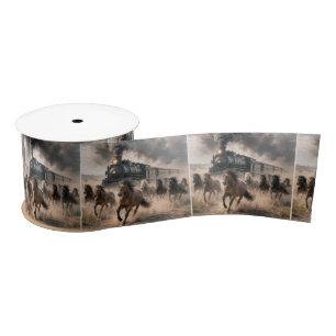 Wilde Mustangs laufen neben einem Vintage-Zug Satinband