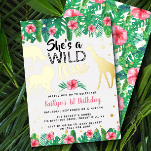 Wilde One Jungle Safari Mädchen 1. Geburtstag Echt Folieneinladung