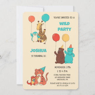 Wilde Party Süße Cartoon-Tiere Kinder Geburtstag Einladung