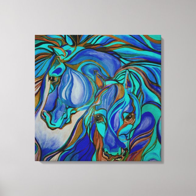 Wilde Pferde in Braun und Aquamarin Leinwanddruck (Vorderseite)