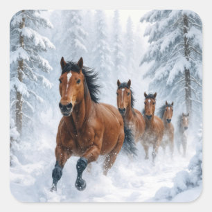 Wilde Pferde laufen durch einen schneebedeckten Wa Quadratischer Aufkleber