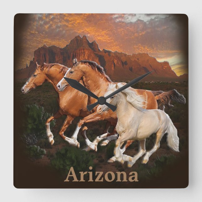 Wilde Pferde Quadratische Wanduhr (Vorderseite)