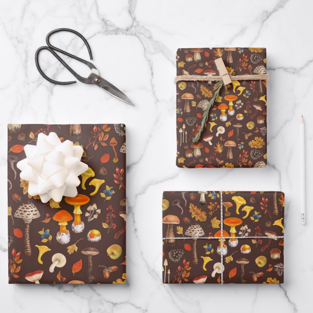 Wilde Pilze auf braun Geschenkpapier Set (Vorderseite)