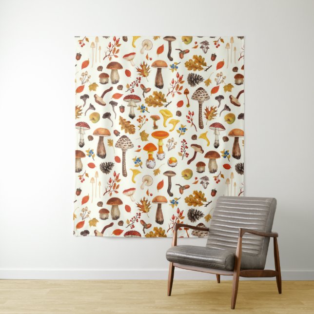 Wilde Pilze auf weißem Boden Wandteppich (Beispiel)
