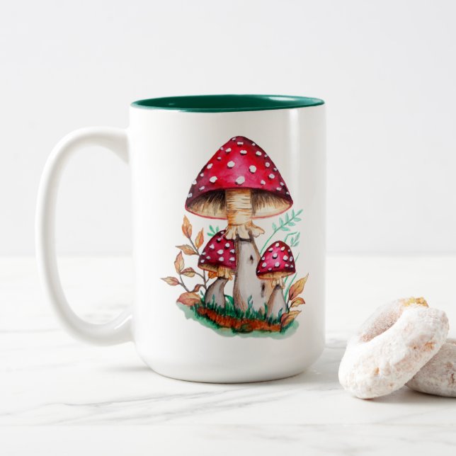 Wilde Pilze Botanische Aquarellmalerei Zweifarbige Tasse (Mit Donut)