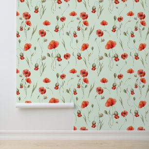 Wilde Poppies in Wasserfarbe auf zarten grünen Flä Tapete