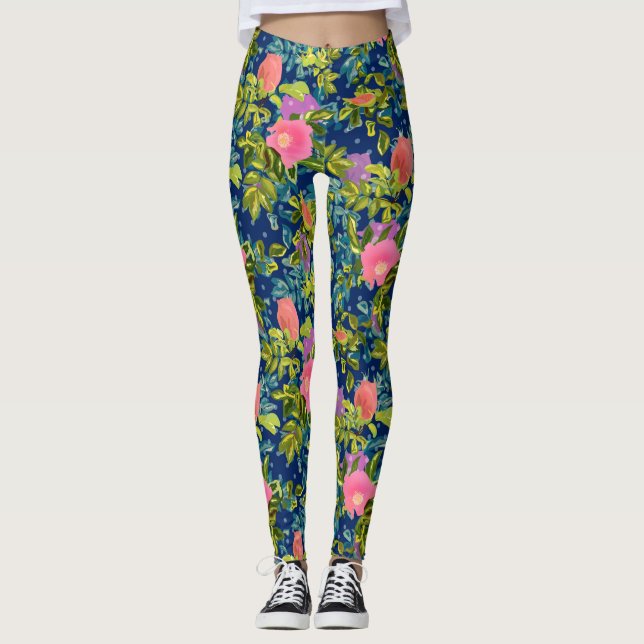Wilde Rose, blauer Hintergrund, wilde Rose, Rose,  Leggings (Vorderseite)