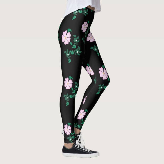 Wilde Rose - Blumenmuster auf schwarzem Hintergrun Leggings (Rechts)