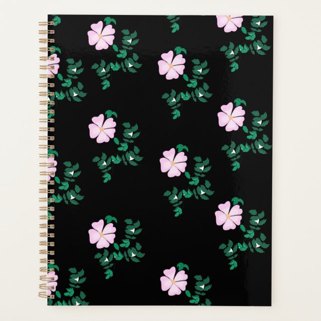 Wilde Rose - Blumenmuster auf schwarzem Hintergrun Planer (Vorderseite)