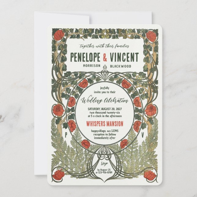 Wilde Rose Jugendstil-Rahmen-Einladung Einladung (Vorderseite)