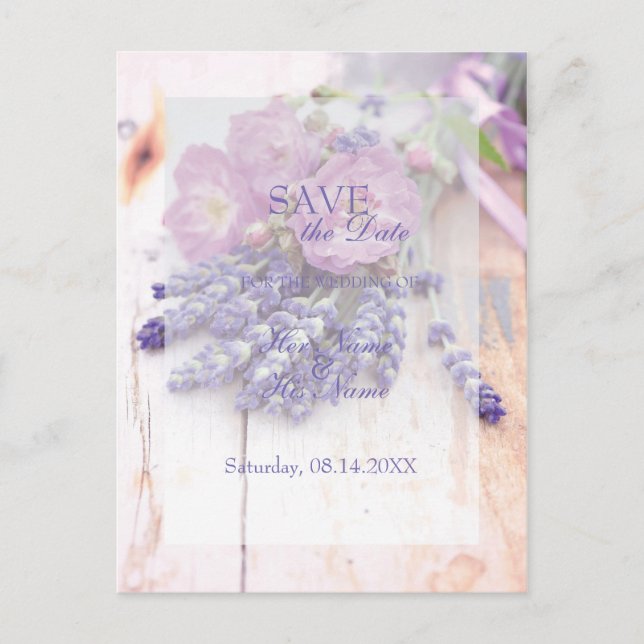 Wilde Rose & Lavendel Sommer Blume Save the Date Ankündigungspostkarte (Vorderseite)
