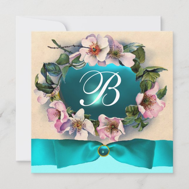 WILDE ROSE MIT AQUA BLAU, AQUAMARINEM RIBBON, MONO EINLADUNG (Vorderseite)