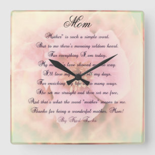 Wilde Rose mit Muttergedicht Quadratische Wanduhr