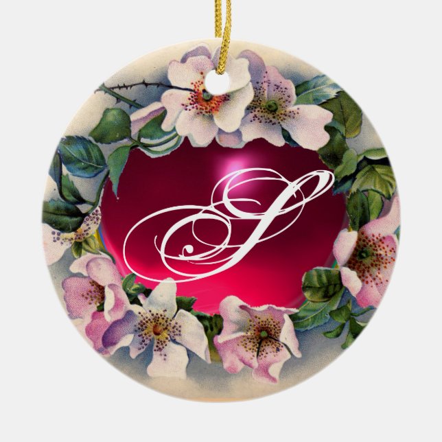 WILDE ROSE MIT PINK FUCHSIA GEM STONE MONOGRAM KERAMIKORNAMENT (Vorne)