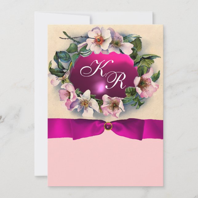 WILDE ROSE MIT PINK RIBBON, MONOGRAMM EINLADUNG (Vorderseite)