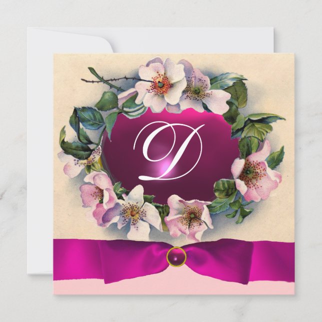 WILDE ROSE MIT PINK RIBBON, MONOGRAMM EINLADUNG (Vorderseite)