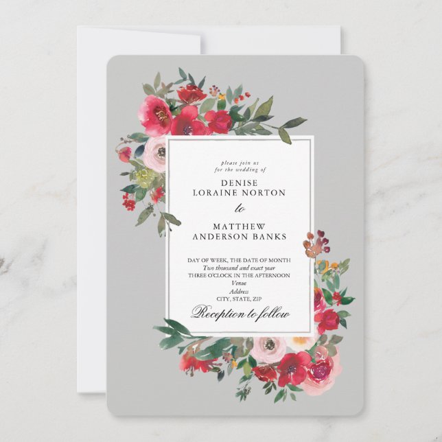 Wilde Rose und Antarktis Grau Einladung (Vorderseite)