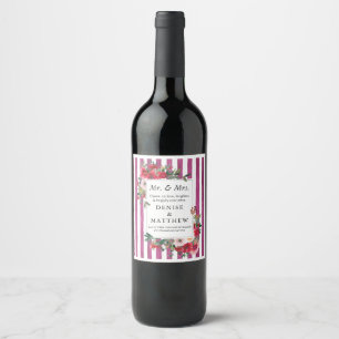 Wilde Rose und Bonbon Rosa Streifen Weinetikett